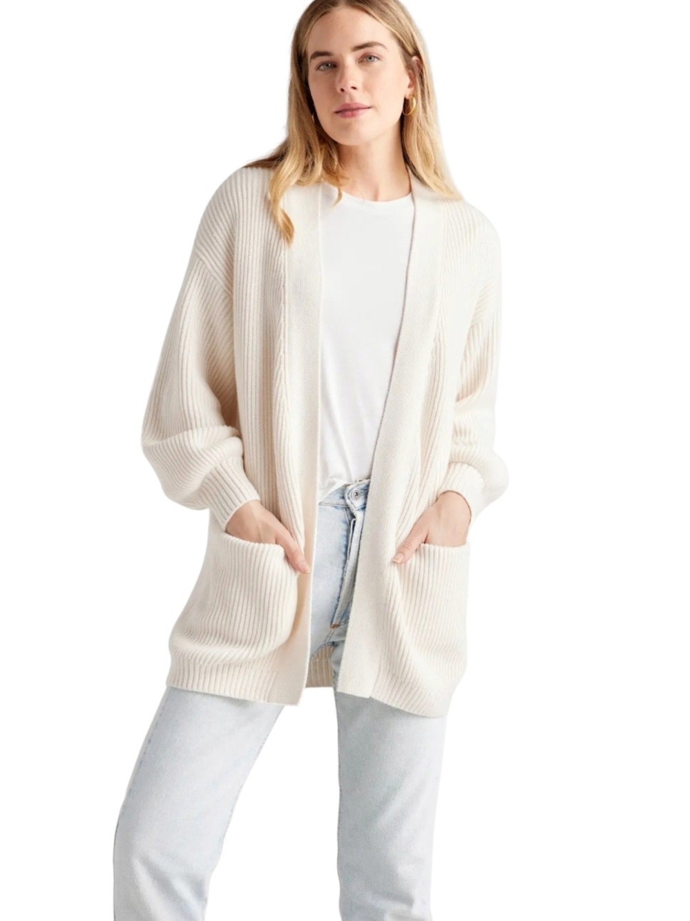 Quince 100% Organic Cotton Oversized Cardigan Ivory Size XL Pockets Open Front